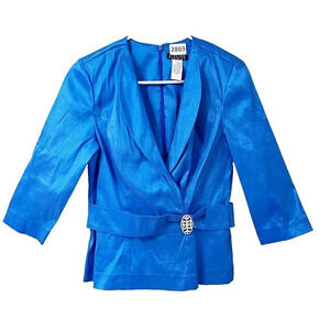 Atelier Danielle Women Blue Blazer M Belted Rhinestone Formal Blouse Taffeta